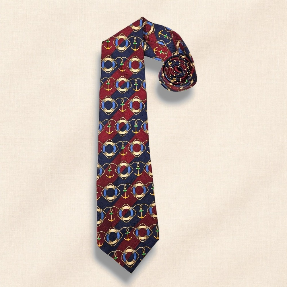 Tommy Hilfiger‎ Silk Jacquard Necktie Nautical Anchor Rope Red Blue Gold Classic